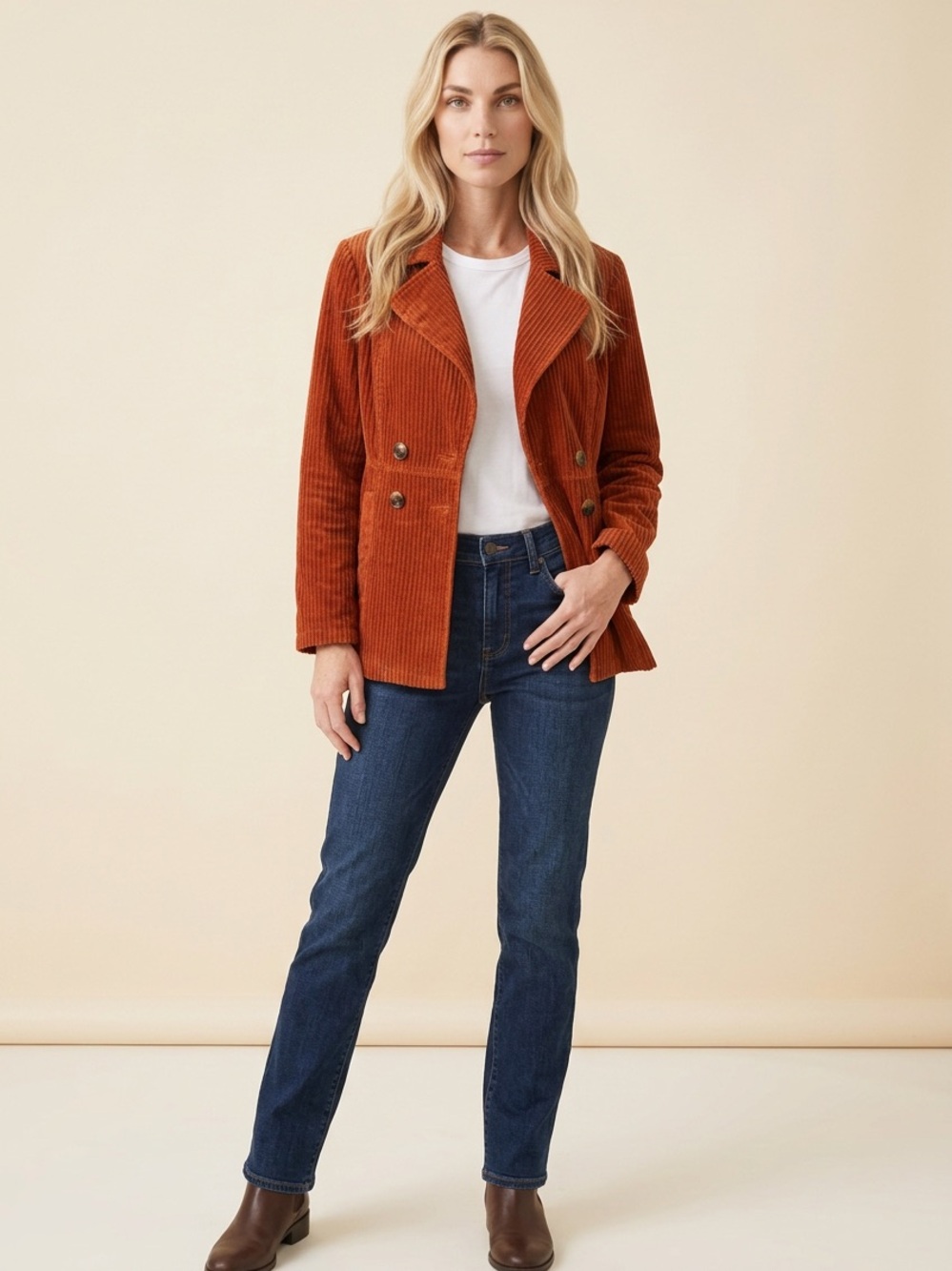 CAbi Rust Corduroy Double-Breasted Blazer